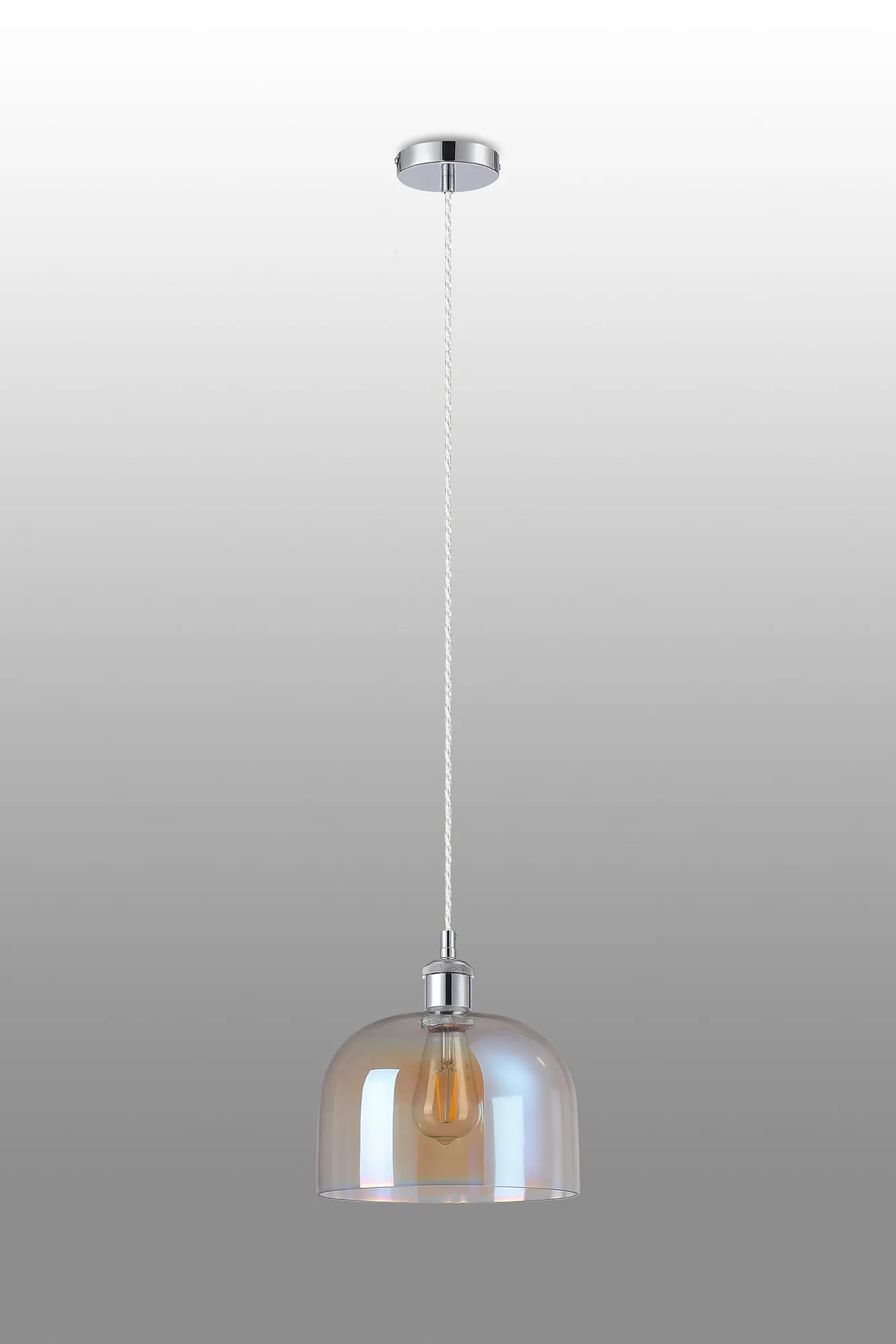 Cawdor Single Pendant, 1 Light E27, Polished Chrome/Clear/Iridescent Cloche Glass DK1134  Deco Cawdor
